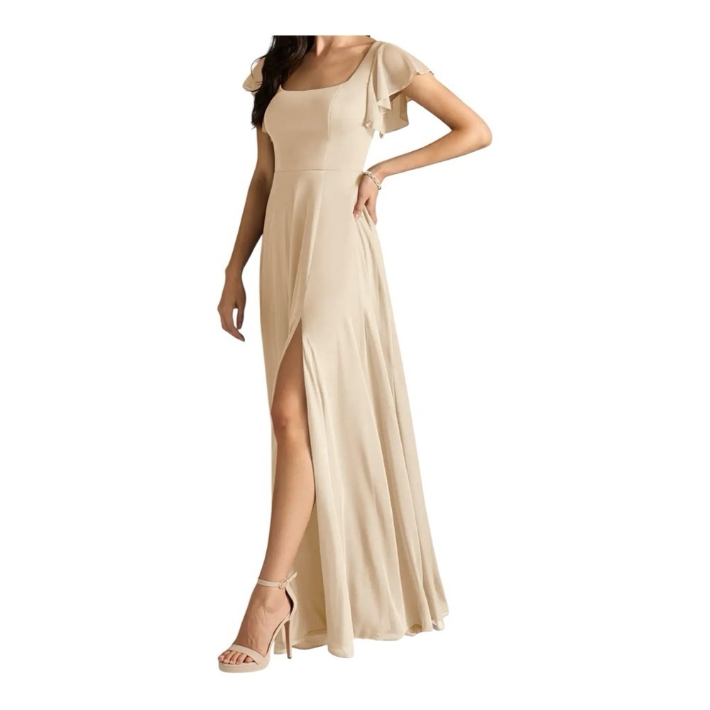 Azazie Cream Maxi Dress with Flutter Sleeves